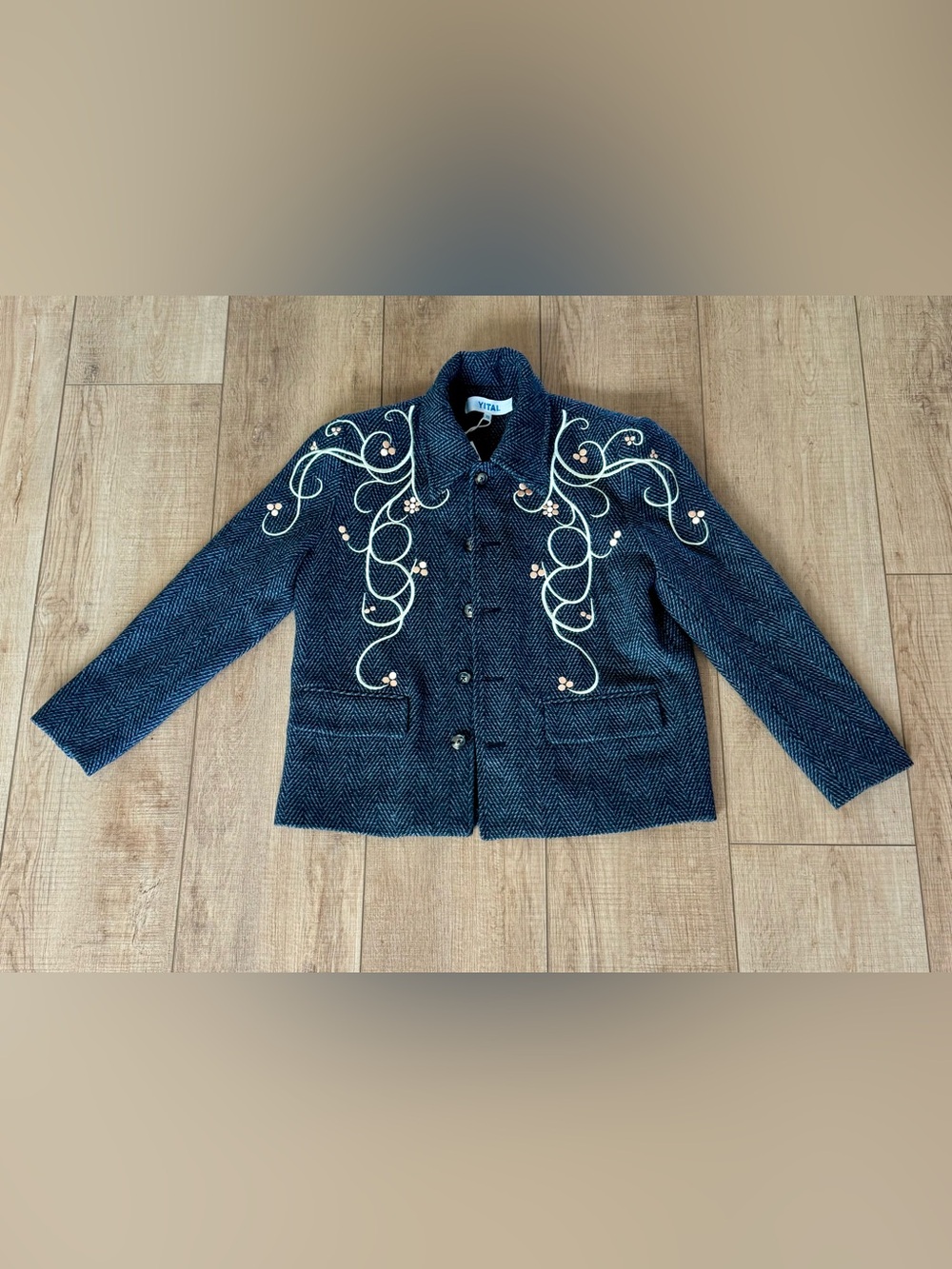 YITAI Whimsical Artisan Embroidered Herringbone Wool Blend Statement Jacket XS